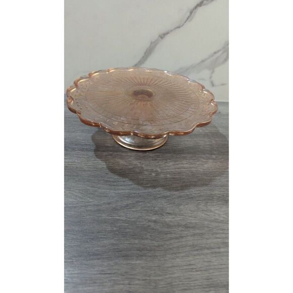 Vintage Pink Depression Glass Cake Stand With Scalloped Edges & Floral Design 9" - Picture 7 of 9